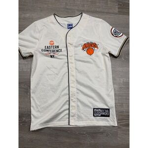 NBA Ultra Game Mens New York Knicks Baseball Jersey Cream Mesh Button Up Size S